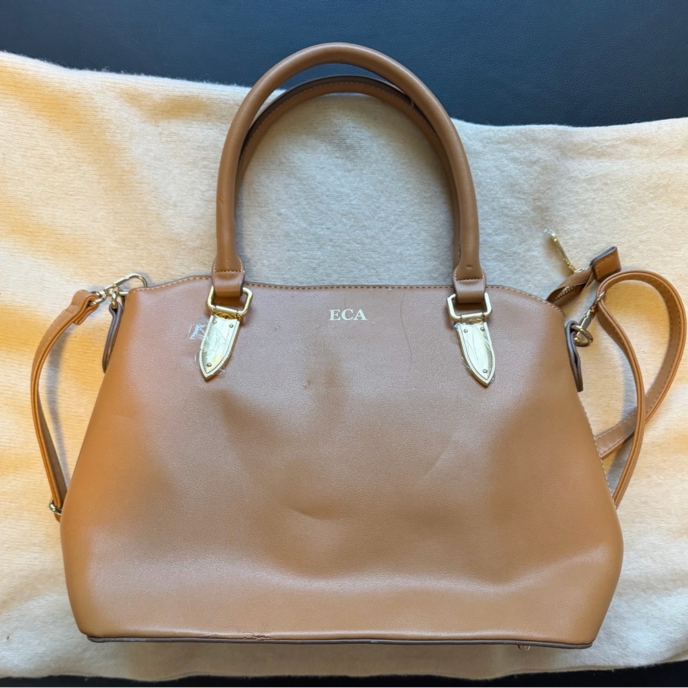 Camel Brown Structured Satchel Bag Gold Hardware Top Handle Crossbody